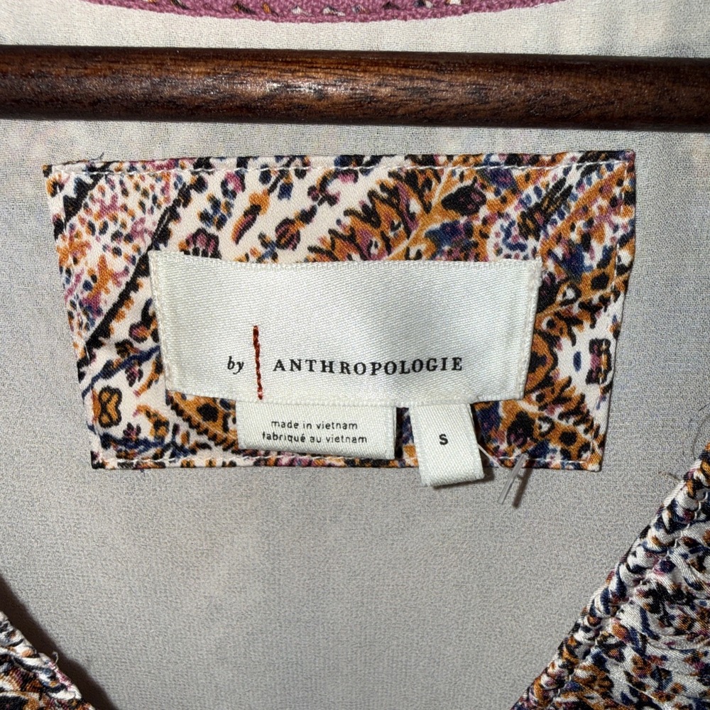 Anthropologie Sabia Flounced Tunic Dress Small Brown Multi V Neck Pockets Lined - Picture 12 of 16